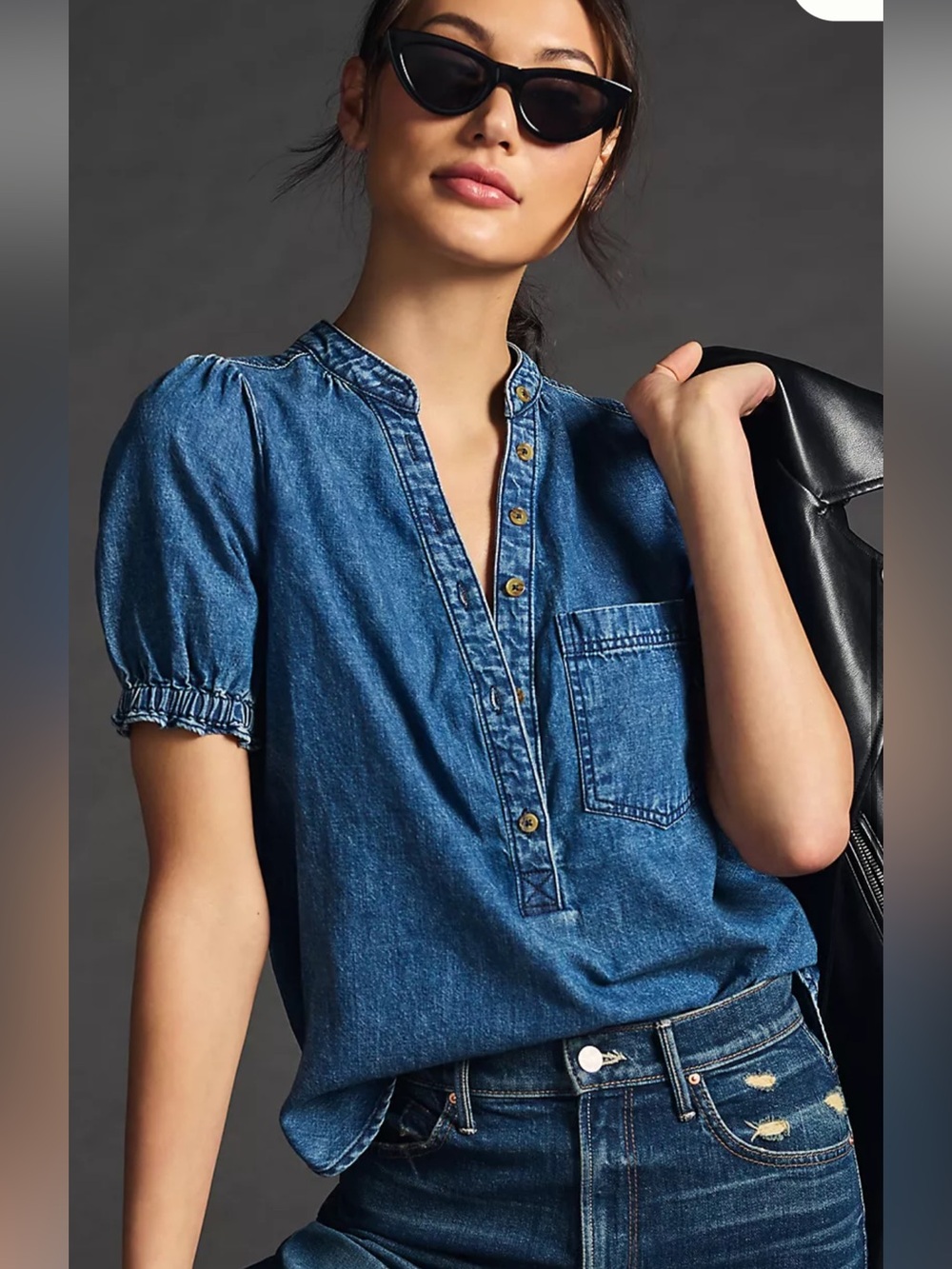 Aly Denim Puff-Sleeve Blouse by Pilcro